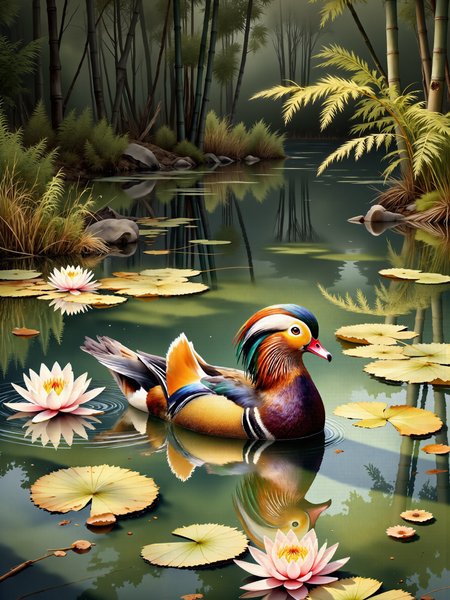 realistic nature illustration, intricately detailed watercolor painting of a mandarin duck in a serene nature scene, a calm wooded pond, the surface of the water is smooth, reflecting the surrounding environment with soft ripples as the mandarin duck glides effortlessly across, the backdrop consists of bamboo groves and lush trees in a spring setting in east china, the scene captures a moment of quiet tranquility, in the foreground, the mandarin duck's vibrant plumage is the focal point, its rich shades of orange, purple, and green feathers beautifully contrasting with the softer tones of the pond, around the edges of the water, soft pink and white water lilies float serenely, their delicate petals scattered across the surface, near the banks, reeds and tall grasses sway gently in the breeze, and ferns grow from shaded patches of earth, in the background, dense clusters of bamboo and leafy green trees rise into the distance, casting soft shadows that dapple the light across the pond, the duckâs plumage is an exquisite display of natureâs beauty, with a fan-like crest that arcs gracefully over its head, deep purple and orange feathers layer over the back, while the delicate detailing of its white and blue wings contrasts against the pond's surface, its beak is bright red, catching the light softly, a wide vertical shot, taken slightly from above, allowing the viewer to look down onto the scene, showcasing the duck, the lily-strewn pond, and the surrounding vegetation, soft, diffused light bathes the scene, creating gentle reflections on the water and highlighting the bright colors of the duck, the lighting is warm and dappled, with sunlight filtering through the bamboo and trees, casting intricate shadows that dance across the pond and highlight the subtle ripples, soft glows around the water lilies enhance their delicate beauty, watercolor painting on high-quality textured paper, utilizing fine brushstrokes to capture the intricate details of the duckâs feathers and the delicate ripples on the pondâs surface, layers of translucent washes create depth and softness, while more vibrant, saturated hues define the duck's plumage and the flowers, dappled sunlight, crepuscular rays, volumetric lighting, intricate details, quaint, picturesque, painterly, <lora:style-watercolor_painting-variant_2-flux-by_adel_ai:1.1> <lora:image_enhancer-flux-by_dever:0.76>