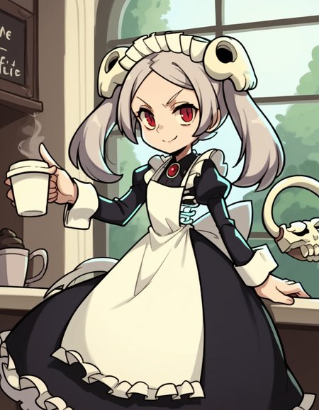 score_9, score_8_up, score_7_up, source_anime, <lora:skullgirls-marie-ingame-ponyxl-lora-nochekaiser:1>, marie, hair ornament, red eyes, twintails, skull, skull hair ornament, grey hair, forehead,, apron, maid, maid headdress, long sleeves, wrist cuffs,, cafe, coffee cup, barista, sitting down, talking, relaxing, sunlight through window, smile, v,, looking at viewer, solo,, dutch angle, cowboy shot