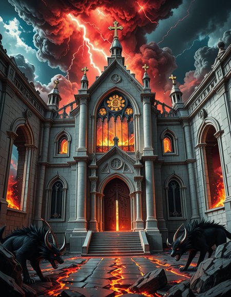 A once-majestic celestial temple, now under siege by the forces of Hell. The grand white stone structure is cracked and scorched, its golden crosses twisted and broken. The stained-glass windows, once glowing with warm divine light, are now shattered, with demonic symbols glowing ominously in their place. The sky, once a serene blue, is now consumed by dark storm clouds, swirling with red lightning and thick smoke.
Black, jagged chains extend from the sky, wrapping around the temple as if trying to pull it down into the abyss. The once-fluffy clouds beneath the structure are now a chaotic mix of fire, ash, and dark mist, with glimpses of molten lava cracks below. Infernal creatures with glowing red eyes lurk in the shadows, their silhouettes barely visible through the smoke and fire.
The temple doors are blown open, revealing an eerie red glow emanating from within, as if Hell itself is consuming the sacred space. Massive demonic runes are etched into the stone, pulsating with an unholy energy. The entire scene is bathed in a deep crimson and orange glow, giving it an apocalyptic and nightmarish atmosphere.
Style & Lighting:
- Dark fantasy, highly detailed
- Dramatic, high-contrast lighting with fiery glows
- Cinematic composition, epic scale
- Strong use of shadows, embers, and atmospheric foghighly detailed and atmospheric view from inside a massive birdcage, large enough for a human to stand inside. The cage is made of ornate, aged metal bars with intricate Victorian-style patterns, curving elegantly towards the domed ceiling. Sunlight filters through the gaps between the bars, casting long, dramatic shadows on the wooden floor. Delicate vines and small flowers have begun to grow around the bars, adding a touch of nature reclaiming the space. The background beyond the cage is blurred, hinting at a lush garden or a mysterious, abandoned mansion. The ambiance is serene yet slightly melancholic, with warm golden light illuminating dust particles floating in the air. Soft feathers are scattered on the floor, adding to the sense of quiet abandonment. The perspective makes the viewer feel as if they are inside the cage, looking outward, surrounded by both beauty and confinement. The style is highly detailed and realistic, with a cinematic and slightly surreal atmosphere.
<lora:SDXLFaeTastic2400:0.4> <lora:extremely_detailed:0.4> extremely detailed 
<lora:evil_celestial_t3mpl3-i:1> evil celestial t3mpl3, Masterpiece,best quality,hi res,8k,hi res,8k,award winning,(sharp focus, intricate, highly detailed),