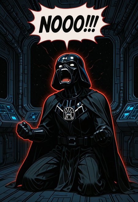 solo, portrait, 1boy, male, darth vader, speech bubble, NOOO!!!, screaming, kneeling, posing, dramatic lighting, ominous, wires, power, clenched hands, spacecraft interior, red outline, black background, rich colors, simplified, minimalist, cinematic, BREAK, masterpiece, best quality, newest, absurdres, highres, comic book,