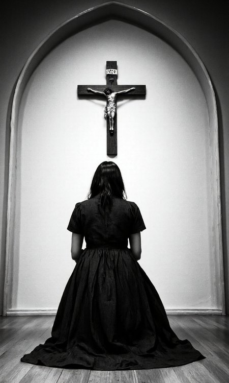 black-and-white photograph captures a solemn scene in a dimly lit room. At the center of the image, a person is kneeling on the floor, facing a crucifix mounted on the wall. The individual, whose head is bowed, is dressed in a long, dark dress with a high neckline, suggesting a historical or religious setting. The dress has a slightly textured fabric, possibly made of cotton or a similar material. The person's hair is not visible, adding to the sense of anonymity and introspection.
The background consists of a plain, light-colored wall with a subtle arch at the top, creating a sense of enclosure. The wall is smooth, without any visible texture or decorations. The floor is wooden, adding a warm tone to the otherwise stark environment. The lighting is soft and diffused, casting gentle shadows that enhance the dramatic effect of the image. The overall mood is somber and contemplative, evoking themes of faith, devotion, or personal reflection. The photograph's monochromatic palette emphasizes the stark contrasts and highlights the textures and shapes, making the image feel timeless and emotionally charged., aidmaimageupgrader, aidmaMJ6.1