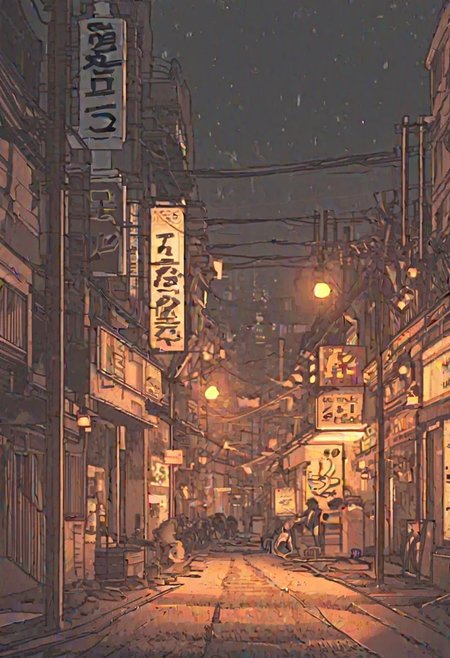 Lo-Fi background
Sketchy Lines
Limited Palette
Imperfections 
Expressive Shapes
Muted Tones
Analogous Harmony
Textured Application
Distressed Textures
Low-Tech Materials
Digital Lo-Fi
Empty Street, convenience store  ,dim light street light, black anime kitten cat crossing