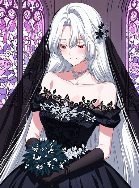 <lora:Raviel_Ivansia__SSS_Class_Suicide_Hunter__Illustrious:1>
1 girl, solo, long hair, white hair, straight hair, red eyes,
black off-shoulder gown, lace embroidered dress, black floral patterns, sheer sleeves, long black gloves, black veil, side hair ornament, silver waistband, gothic jewelry, choker necklace, 
score_9, score_8_up, score_7_up, score_6_up, source_anime, holding a bridal bouquet with both hands in front of her body, serene and emotional expression, soft smile. Background of a flower garden at sunset or inside an elegant chapel with stained-glass lightin