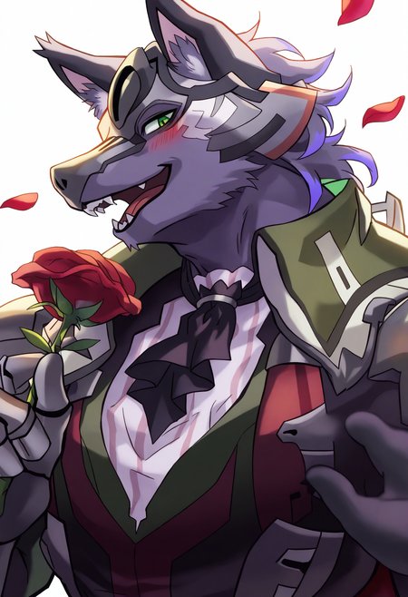 male focus, 1boy, rolf \(world flipper\), 
very awa, furry male, furry, wolf boy, ascot, flower, holding flower, animal ears, blush, looking at viewer, green eyes, petals, wolf ears, bara, solo, upper body, holding, rose, muscular male, red flower, half-closed eyes, simple background, short hair, smile, pectoral cleavage, animal ear fluff, black ascot, teeth, muscular, pectoral, open mouth, white background, fangs, happy,
a vibrant and detailed illustration by the artist hikari (komitiookami), known for their distinctive style. The central figure in the artwork is a character named Ragna from the series "World Flipper. He has striking green eyes and prominent animal ears with fluffy tips, adding to his unique appearance. Ragna's expression is playful and confident, capturing a moment of lightheartedness within the scene.
masterpiece, best quality
 <lora:Rolf_(world_flipper) -NoobXL-000110:1>