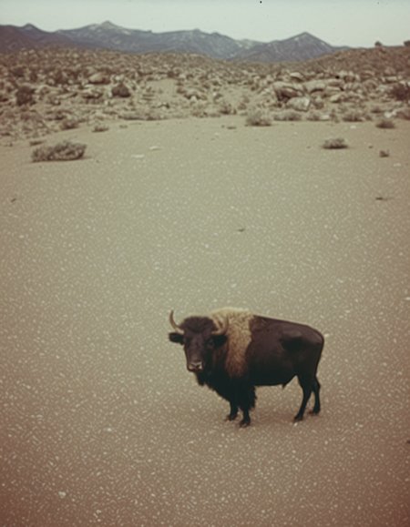 polaroid film photography, faded film, soft focus, a bison in utah, 4k, uhd, masterpiece