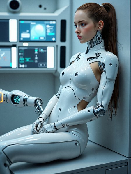 photorealistic depiction of a female cyborg in a pristine, high-tech laboratory, surrounded by futuristic equipment and glowing monitors displaying complex data. She is in the process of having her mechanical components examined or upgraded, with robotic arms and tools delicately interacting with her. Her serene expression and calm demeanor contrast with the precision and complexity of the machinery around her. Focus on the detailed mechanical components of her body, the clinical, high-tech environment, and the subtle interplay of human and machine elements.

a subtle, integrated communication system in her head or neck, with tiny speakers and microphones for direct interaction.a form-fitting, adaptive fabric bodysuit that covers parts of her body, adjusting its texture and rigidity based on her needs.Introduce subtle, bioluminescent vein-like structures that run through her mechanical components, pulsing gently with a soft glow.Integrate glowing, circuitry-like patterns onto her metallic parts, that light up and pulse.

 Sitting with her back against a wall, knees drawn up to her chest, arms wrapped around her legs, expression contemplative.