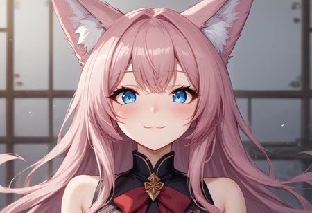 (masterpiece), (best quality), source_anime+, perfect anatomy, HD, 10k res, digital_media_(artwork) hi_res, intricate, high quality, amazing quality, Expressive Face, 
A fox girl with long pink hair and blue eyes, Drestoria-Style_V1, semi-realism, nose, Zyrnox-Exoterra Style