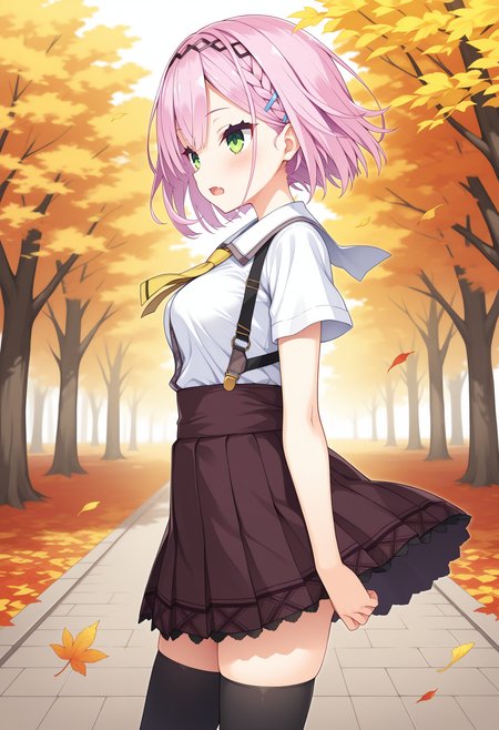1girl, aaamane, pink hair, short hair, braid, hairband, hair ornament, hairclip, green eyes, fang, breasts, school uniform, yellow necktie, white shirt, short sleeves, suspender skirt, brown skirt, black thighhighs, <lora:tanikaze_amane_ilxl_v1:0.9>, outdoors, from side, wind, floating hair, standing, cowboy shot, solo, autumn,
masterpiece, best quality, amazing quality,