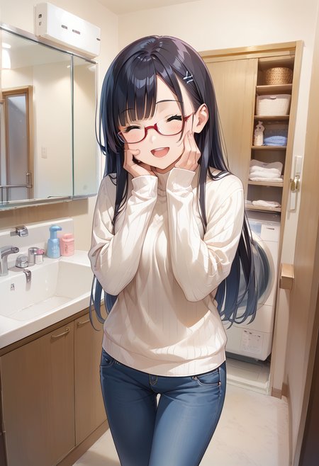 score_9, score_8_up, score_7_up, rating_safe, masterpiece, best quality, absurdres, unity 8k wallpaper, official art, official style, source_anime, uncensored, game cg, megami magazine,
1girl, solo, glasses, black hair, long hair, white ribbed sweater, jeans, happy, smile, looking at viewer, closed eyes, open mouth, own hands together, hands on cheek, undressing, 
JML2, sink, scenery, door, faucet, indoors, mirror, cabinet, laundry, washing machine
 <lora:JP_Senmenjyo_PONY_V2:1>
