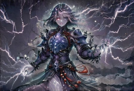 (Masterpiece:1.3), (best quality:1.2), (detailed background:1.1), (intricate details:1.1), (detailed background:1.2), 1girl, solo focus, standing, perfect anatomy, 
bleakfaith,
source_anime, night sky, dark cloud background, sky background, lightning on background, only purple lightning, purple lightning, dark purple theme,
BREAK
watercolor, chinese,traditional,
BREAK
(purple hair:1.2),(pale skin:1.3), (purple skin:1.5),1girl,solo, mysterious, vivid color, shiny, (short purple hair), bob cut hair, purple eyes,glowing purple pupils, sparks from one eye,
laugh arrogantly,
BREAK
armor(dark suit,armor, animal chest plate), lightning, dark purple thunder, chinese style, 
spraks in hand,
BREAK
looking at the viewer, front view, full view,
best quality, ultra-detailed, absurdres, detail face, best quality, hires textures, high detail, (4k),incredibly detailed
NegativeDynamics,