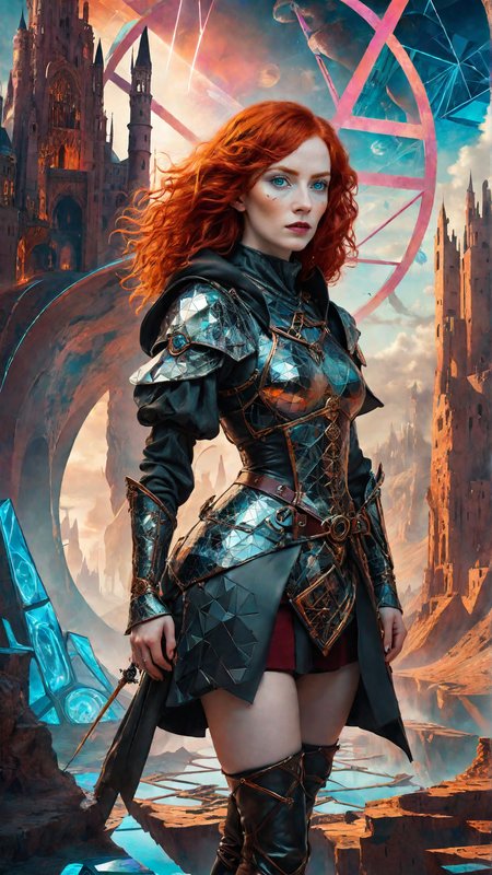 4n1v3rs3, looking at viewer, 
A confident red-haired female adventurer in medieval attire standing against a backdrop of a futuristic, geometric, neon-lit landscape, surrealism style, dreamlike atmosphere, vibrant colors, imaginative elements, unusual shapes, artistic textures, Salvador Dali inspired, fantastical, detailed and intricate, creative and unique