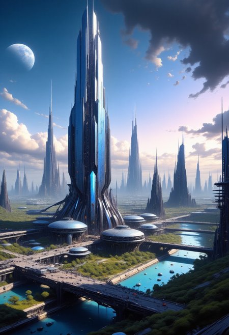 painting, mad-cybrpnkimprss, A futuristic cityscape at dusk. The central focus is an immense, towering skyscraper with a sleek, reflective surface that reflects the soft, ambient light of the setting sun. The building's design is futuristic, with a tapering top and a complex, organic base that seems to blend seamlessly with the landscape. In the foreground, a serene river runs through a valley lined with lush, green trees. Bridges and elevated walkways connect the base of the skyscraper to the surrounding buildings. The buildings in the foreground are more modest in size, with a mix of glass and metallic facades, indicating modern architecture. In the background, the cityscape stretches into the distance, showcasing a variety of skyscrapers and high-rises, some of which are needle-like, indicating a focus on verticality and density. The sky is a gradient of deep blues and purples, with scattered, fluffy clouds casting shadows on the buildings below. The overall color palette is cool and serene, with the soft lighting enhancing the futuristic, utopian atmosphere of the scene. big white moon in the background