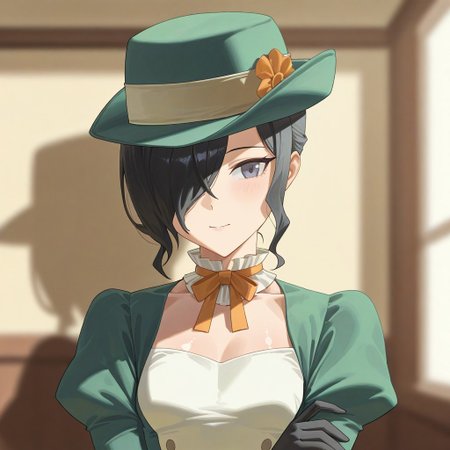 (best_quality, detailed, masterpiece, very_aesthetic, absurdres), general, m.q \(mqkyrie\), (zuharu:0.5)
BREAK
1girl, small breasts, upper_body, adult, ambient occlusion, ray tracing, shiny skin, blurry background, drop shadow
BREAK
mayonesh, hat, black hair, medium hair, hair over one eye, grey eyes, green dress, puffy sleeves, black gloves