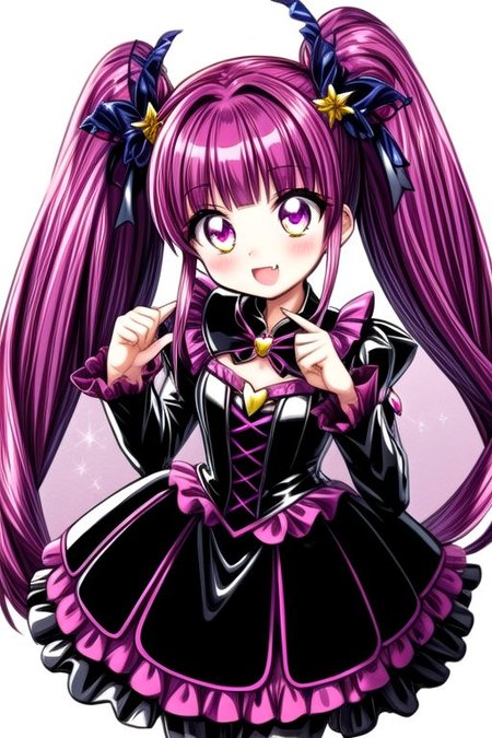Bad_End_Precure, DarkPrecure, corrupted princess wearing dark pastel (ruffled:1) (gleaming latex:1) gown with (latex vampire cloak:1) and (long frilly wide sleeves), soft lighting, ruffles, (cute little fang:1)
(vmpr:1),
<lora:more_details:1>,