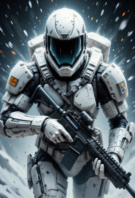 masterpiece, high-resolution photograph of a female space marine in white and grey camouflage armour, helmet with a clear visor reflecting light, hyperdetailed helmet, holding an assault rifle, abstract background suggesting a blizzard, falling snow, in a dark night, dutch angle, dynamic, side view, aidmafluxpro1.1