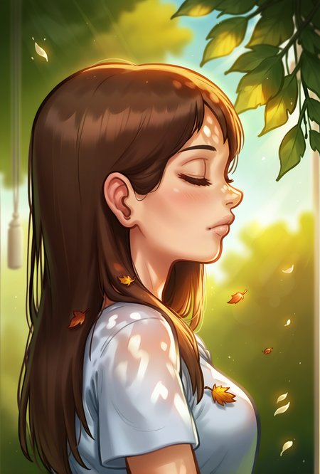 score_9,score_8_up,score_7_up,score_6_up,score_5_up,score_4_up 1girl,solo,long hair,blush,brown hair,closed mouth,closed eyes,upper body,outdoors,blurry,from side,lips,depth of field,leaf,sunlight,blurry foreground,dappled sunlight,falling leaves <lora:SummertimeSagaXL_Pony:0.8> Drawn in the style of summertime saga