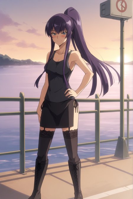 score_9, score_8_up, score_7_up, score_6_up, score_5_up, score_4_up, BREAK source_anime, 1girl, solo,
<lora:SaekoBusujimaXL-v2-06:0.7>, ChopioSaekoBusujima, purple hair, very long hair, shiny hair, blue eyes, looking at viewer,
medium breasts, mature female,
straight hair, side locks,
high ponytail, side locks,
outfit_4, black tank top, miniskirt, side-tie skirt, black skirt, garter straps, black stockings, lace-trimmed legwear, knee boots, black footwear, cross-laced footwear,
outdoors, sunset, standing, smile, blush, backlighting, cowboy shot, contrapposto, hand on hip, arm at side, utility pole, sea, railing,