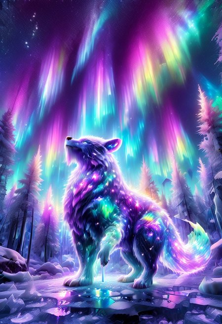 lazympos, morph-aurora, A platinum-tier animal sitting in  an aurora-lit crystal forest, prismatic light shards refract through ice formations, glowing celestial patterns dance across its obsidian collar, hyper-detailed fur texture with rainbow iridescence, 8k resolution.