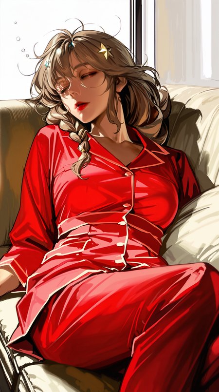 masterpiece, newest,absurdres,incrediblvy absurdres, best quality, amazing quality, very aesthetic, realistic face, retro artstyle, simple white background,
1girl,  mature female,(sleepy:1.3), red lips, light brown hair, braided sidelock, reclining, couch, window, early morning, star hair ornament, red pajamas, sheer pajamas, pantyhose,
 <lora:Face_Enhancer_Illustrious:0.5> <lora:Anime_artist_illustrious_r1:1> Anime-art, Art8st