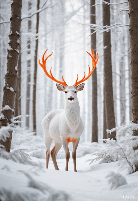 An enchanting magazine cover featuring a white deer with glowing orange antlers, standing gracefully in a completely white forest. The radiant antlers create a magical and surreal visual against the pure white backdrop. Exotic and surrealistic animal photo, captured with a Canon EOS R5, RF 50mm f/1.2L USM lens.