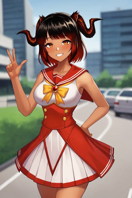 score_9, 
<lora:adcvr_v1_pruned:0.75>, adcvr, tan, 
magical girl, 
serafuku, 
dress, short skirt, smile, 
outdoors, city, blurry background, 
high resolution, Masterpiece