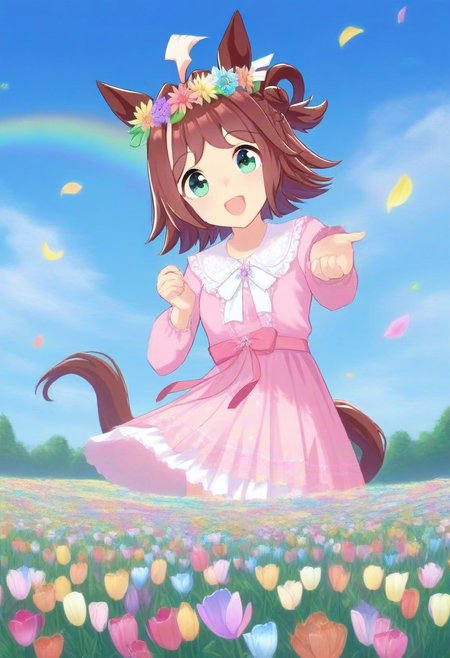 (umamusume, rhein_kraft_(umamusume), horse_ears, horse_girl, tail, 1girl, ahoge, animal_ears,)
casual, field, flower, flower_field, green_eyes, hair_between_eyes, hair_ornament, 
head_wreath, looking_at_viewer,  solo, aesthetic, absurdres, symmetric ,spiralling vortex made of multicoloured tulips, lush foliage sunrise,  ripples, reflective, jaynl-tm, rainbow, , g0ldsw0rthy,
(realistic, photo,  artistic, medium_hair, one_eye_closed, petals, relaxing, smile,  : 0.7)