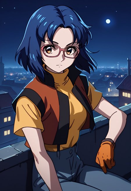 score_9, score_8_up, score_7_up,city view, 1 female,night view, moonlight,juriwunien, brown eyes, blue hair, short hair, glasses, suspender vest, turtleneck t-shirt,gloves,sitting