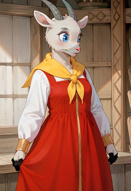 score_9, score_8_up, score_7_up, g04t, 1girl, solo, furry, goat, blue eyes, grey fur, horns, red dress, long sleeves, yellow neckerchief, cowboy shot,