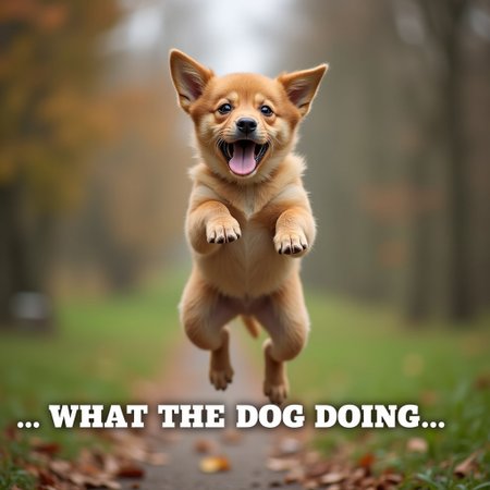 a funny pic of a dog, realistic,  focus on dog, bokeh effect, text: ("... WHAT THE DOG DOING...":1.4), text wrap, dog flying in the air, dog mid air, dog jumping, crazy dog,dog jumping high,