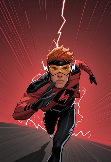 masterpiece, absurdres, high quality, perfect anatomy, 1boy, solo, cute boy, male focus, Mask, Visor, Red Jacket, Chest Symbol, Black Gloves, Black Bodysuit, Ginger Hair, Freckles, cinematic, intricately detailed illustration, depth of field, masterpiece, best quality, amazing quality, very aesthetic, absurdres, newest, very awa,  shadow, dynamic angle, casual cosplay, dynamic pose, simple background, running pose, superspeed, running, red electricity, motion blur, light trail, red lightning, YJ-Styl3