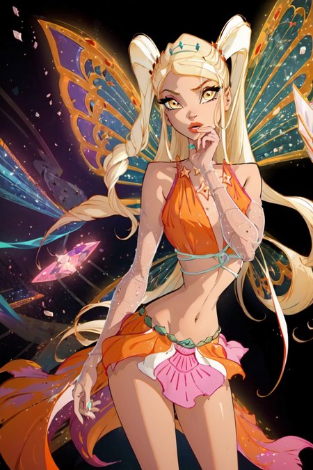 (Stella:1.5), blonde hair, very long hair, yellow eyes, wings, midriff, orange top, skirt, (orange and yellow gradient background), (realistic:1.2), (masterpiece:1.2), (full-body-shot:1),(Cowboy-shot:1.2), neon lighting, dark romantic lighting, (highly detailed:1.2),(detailed face:1.2), (gradients), colorful, detailed eyes, (natural lighting:1.2), solo  <lora:WinxClubEnchantixStella-10:0.9> <lora:add_detail:0.3> <lora:BeautifulEyes:0.6>