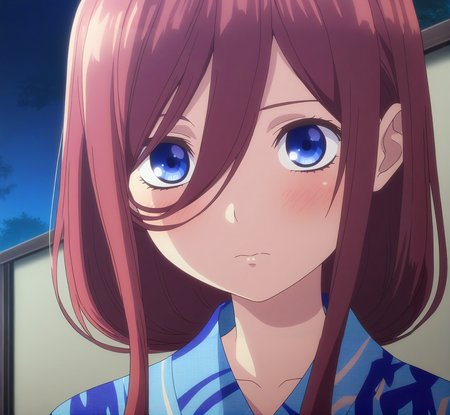 masterpiece, high quality, high res, absurd res, ultra high quality,
<lora:Miku_Nakano_Illustrious_v57:1>, M1kuNakan0_Illu, 1girl, solo, brown-red_hair, hair_over_eye, long_hair, bangs, dark-blue_eyes,  light-blue_yukata, blushing, (anime_screencap:1.2), upper body, portrait, night, clean background