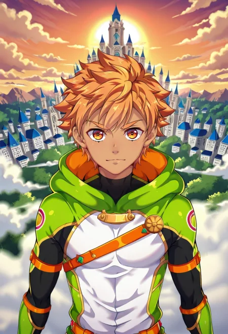 masterpiece, best quality, , (photorealistic:0.6), looking at viewer, depth of field, 1boy, solo, male focus, <lora:jirou_camp_buddy_ilxl:0.98>, jirou_camp_buddy, orange hair, orange eyes, , sky palace, cloud towers, wind halls, floating gardens, royal pose, majestic expression, sunset,