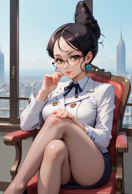 score_9, score_8_up, score_7_up, absurdres, anime screencap, anime_source, very aesthetic, illustration, perfect composition, eye catching, intricate details, vibrant colors, 1 girl, upper body, thick body, 
msvictoria, brown eyes, glasses, ball earrings, large breasts, black hair, high bun hair, hair bun, mole under mouth, double breasted blazer, neck ribbon, pencil skirt, pantyhose, high heels, crossed legs, detailed hair, perfect skin, seductive, suggestive, sitting on a fancy chair, submissive, 
BREAK
skindentation, indoor, city background, detailed, high quality, zPDXL3