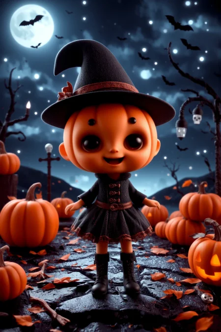 cute, halloween night, horror, (bats), moon in the sky, portrait, (standing:1.2),  happy smiling, red eyes,(very detailed), best quality,  sharp focus, Pumpkin Spice Orange pumpkin-themed costume, skulls and bones, medieval horror, light drizzle under moonlight, flickering torch, ethereal lights, backlight, shadows, high contrast, hdr, <lora:Anti-Blur:0.8> <lora:Hand v2:0.8> Detailed hand, Hand, Perfect hand <lora:aidmaImageUpgrader:0.8> aidmaimageupgrader  <lora:PinkieChibiHalloweenFLUX:0.8> pinkchibihalloween