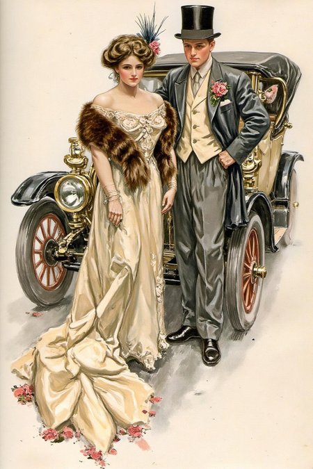 hafisher1 illustration. 
A couple in formal attire standing in front of a classic car from the 1920s. The woman on the left is dressed in an elegant, floor-length gown with a light, airy texture. Her gown is a soft white color with intricate lace detailing and features a long train. She wears a luxurious fur stole draped over her shoulders, adorned with a delicate floral pattern. Her hair is styled in a sophisticated updo with feathers and flowers.
 <lora:hafisher1_cap_d6a3e12:1.0><lora:829872580488923069:0>