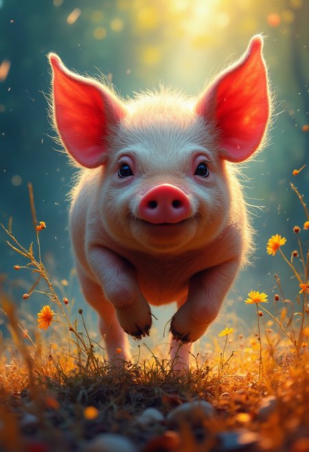 Playful mischievous pig frolicking, dramatic lighting, serene surroundings. Red, blue, yellow. Impressionist style. Energetic, textured, lively.