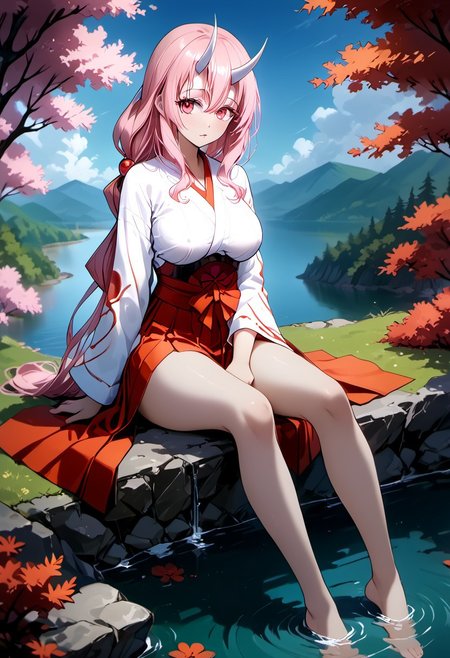 score_9, score_8_up, score_7_up, score_6_up, source_anime, source_ecchi, anime, masterpiece, Expressiveh, anime coloring, 1girl, perfect body, full body, perfect face, perfect eyes, detailed eyes, high definition eyes, beautiful eyes, perfect lipps, sexy, sexy girl, petite body, slim body, looking at viewer, posing, dynamic angle, cowboy shot, lust full of gaze, Shiny skin, covered nippels,
,pink hair, low-tied long hair, long hair, bangs, shiny hair, hair between eyes, white oni horns, pink eyes, parted lips, large breasts, 
miko, red hakama
outdoor, trees, temple, river, sitting by the river ,sitting, feet in the river, feet in the water,
<lora:Shuna - Pony-000004:0.7>,<lora:Expressive_H-000001:0.8>, expressiveH, <lora:MythP0rtr4itStyle:1>, mythp0rt, <lora:Pony_DetailV1.0:-1.0>