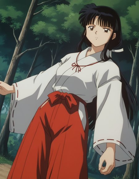 score_9, score_8_up, score_7_up, source_anime,
inuyashakikyou, <lora:inuyasha-kikyou-ponyxl-lora-nochekaiser:1>,
kikyou, long hair, black hair, brown eyes, sidelocks, himecut, retro artstyle,
skirt, long sleeves, japanese clothes, hakama, hakama skirt, miko, red hakama,
outdoors, forest, nature,
looking at viewer, cowboy shot, dutch angle, dynamic pose,