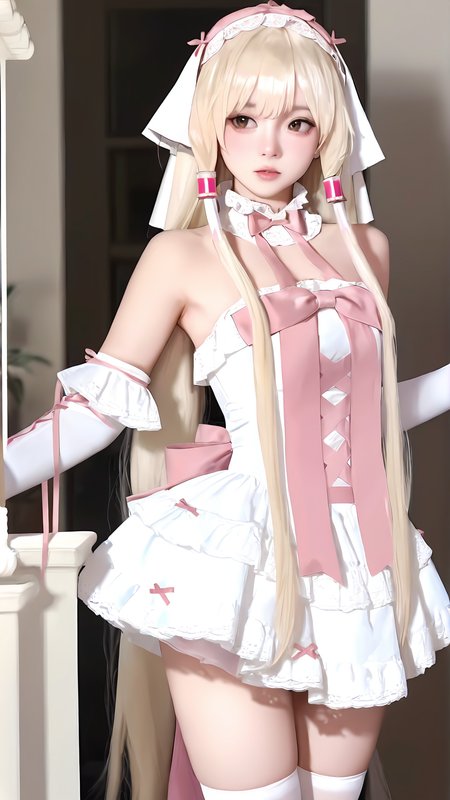 amazing quality,absurdres,best quality,masterpiece,highres,newest,detailed,detailed body,detailed face,masterpiece,best quality,solo,
chulianduandai,blonde hair,long hair,1girl,dress,hair tubes,brown eyes,solo focus,very long hair,detached sleeves,white thighhighs,realistic, <lora:åæç¼å¸¦:0.85>,