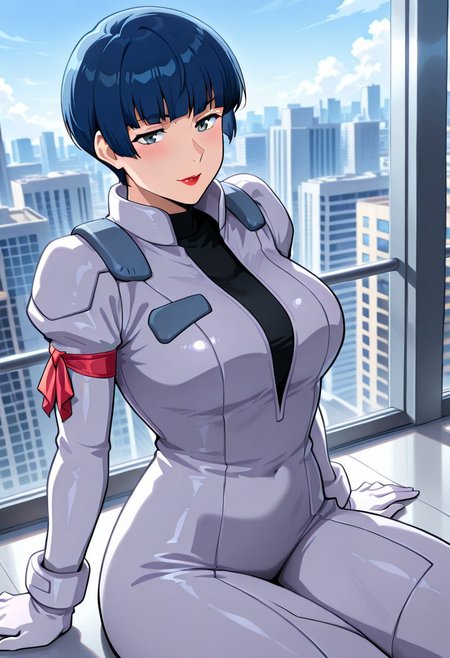 ((masterpiece, absurdres)), best quality, amazing quality, newest, 4k, anime coloring, very aesthetic, ray tracing, Smooth Quality, CG,city view,Miliera,1 mature female, blue hair, bowl haircut, grey eyes, red lips, pilotsuit, turtleneck t-shirt, arm ribbon, sitting