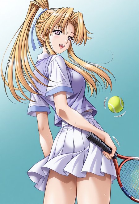 masterpiece, best quality, newest, highres, uncensored, 1girl, yokota mamoru style,1girl, slender face，motion lines, ,Kitagawa Junko,Honey Blonde Hair, Ponytail, Waist Length Hair,Amber Eyes,slim
1girl, solo, ball, ponytail, racket, tennis ball, tennis racket,long hair, blue eyes, open mouth, looking back, ribbon, school uniform, hair ribbon, smile, sweater vest, sweat