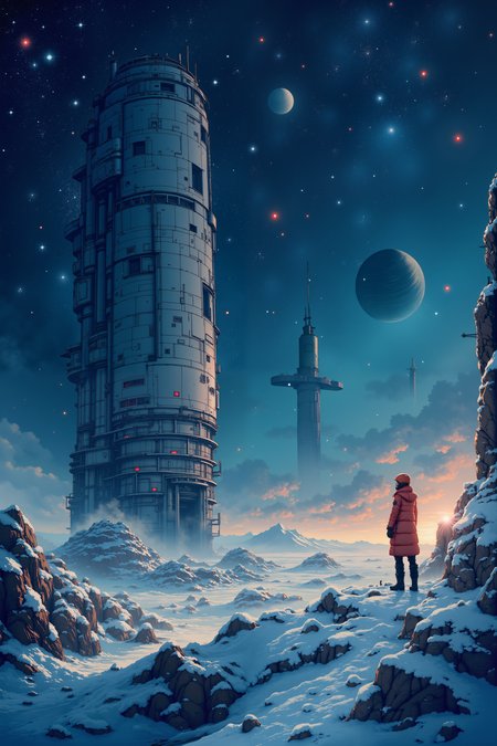 Beneath the frozen surface of a forgotten planet, an expedition team uncovers a massive, buried starship, its once-sleek design now encrusted in layers of ice. The team leader, her breath visible in the frigid air, stands at the edge of the excavation site, her eyes wide with awe as the shipâs ancient engines begin to hum with life. The distant stars reflect in the ice as the ground beneath them rumbles, the shipâs systems reactivating after centuries of silence. The crew scrambles to secure their equipment, but itâs clearâthe ship is waking up, and whateverâs inside isnât friendly. The scene captures the thrilling moment of first contact, blending the icy isolation of The Thing with the epic scope of Mass Effect.<lora:flux_manga_ske>
