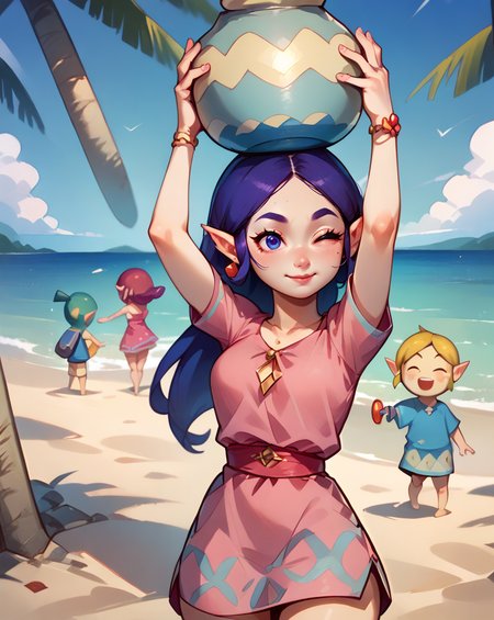 score_9, score_8_up, score_7_up, 2d, Sue Belle, woman , pink dress, arm up , holding jar,  beach, ocean, palm tree  <lora:Sue Belle Pony-000045:1> Cell-Shaded Graphics - "The Legend of Zelda: The Wind Waker"