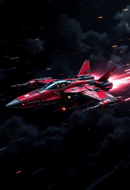 aidmafluxpro1.1, A digital artwork in the style of cknc, silhouette art, chiascuro, cyberpunk, a futuristic space fighter spaceship, red with black detailing, adorned with intricate, metallic details, illuminated cockpit, flying rapidly through a dark space background with motion blur, viewed diagonally from the front, directional lighting, silhouetted, light hitting one side,