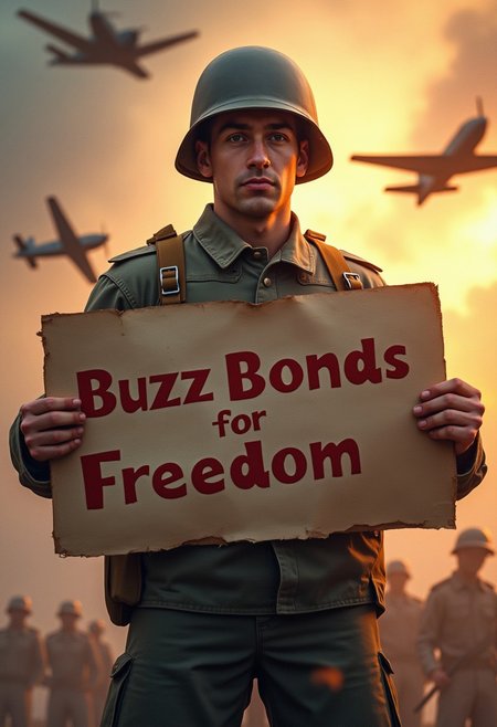 ww2 soldier holding a banner saying "buy  buzz bonds for freedom",cgi style,dramatic light,fighter planes in the air on backrground