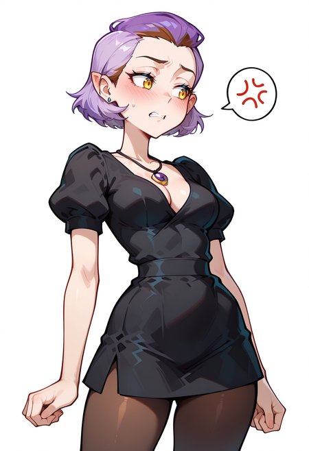 masterpiece, best quality, very aesthetic, absurdres, simple background, 
BREAK 1 girl, solo, adult,  AmityOH, short hair,  purple hair,  yellow eyes, pointy ears, earrings, black dress, necklace,  brown pantyhose, blushed, frustrated,
BREAK good hand,  <lora:Amity_Blight__Illustrioous:1> ,   <lora:AKinuNishimura_Style:1>