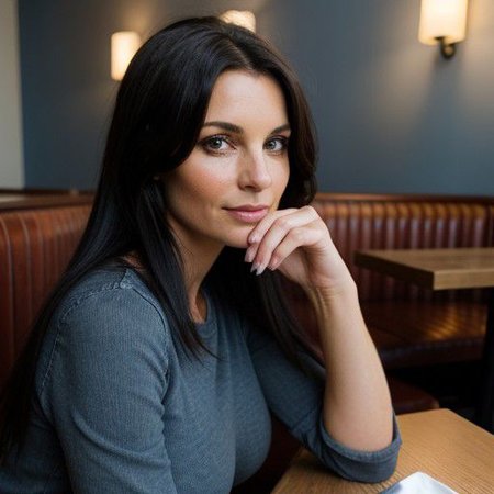 open angle camera ,masterpiece, photography, photo-realistic, ultra quality, ultra detailed, detailed face, 8k, female solo , beautiful french brunette woman 35 years old, slender, fit body, long dark black hair, perfect large breasts,wearing plain light blue tshirt , black jeans pants , siting at the restaurant , sideways to camera,SkinDetailNeg