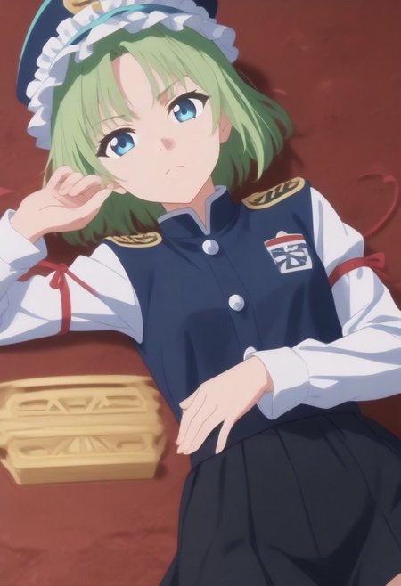 1girl, solo, solo focus, highres, absurdres, shikieiki, green hair, frilled hat, blue eyes, blue headwear, short hair, bangs,
long sleeves, black skirt, white shirt, blue vest, red ribbon, epaulettes, small breasts, arm ribbon, buttons, 
looking at viewer, lying, on back, 
spider lily, flower field, night sky, red sky, dark, red theme,