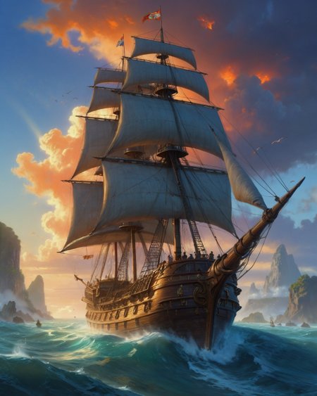 ethereal fantasy concept art of  anime artwork Montague Dawson (tall ship precision), tropical lagoon gradients, fire rainbow circumhorizon, volcanic pumice floating, glitter path sun track, noctilucent cloud silver shine,,phantom galleons sailing through hurricanes singing shanty hymns, their tattered sails bearing living treasure map tattoos as skeleton crews fire ghost-cannon broadsides, Digital art, concept art, illustrative, painterly, matte painting, highly detailed, digital art,,
<lora:iLLMythG0thicL1nes:0.5> G0thicL1nes,
<lora:extremely_detailed:0.7> extremely detailed ,
<lora:add-detail-xl:0.7>,
<lora:softdigital2x2:0.15>,
<lora:EpicF4nta5yXL:0.3>, . anime style, key visual, vibrant, studio anime,  highly detailed . magnificent, celestial, ethereal, painterly, epic, majestic, magical, fantasy art, cover art, dreamy